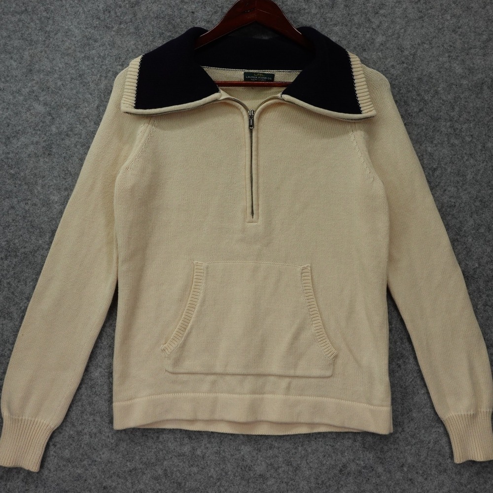 Cream Quarter Zip Sweater Womens M Navy Kangaroo Pocket Preppy Lauren Jeans Co